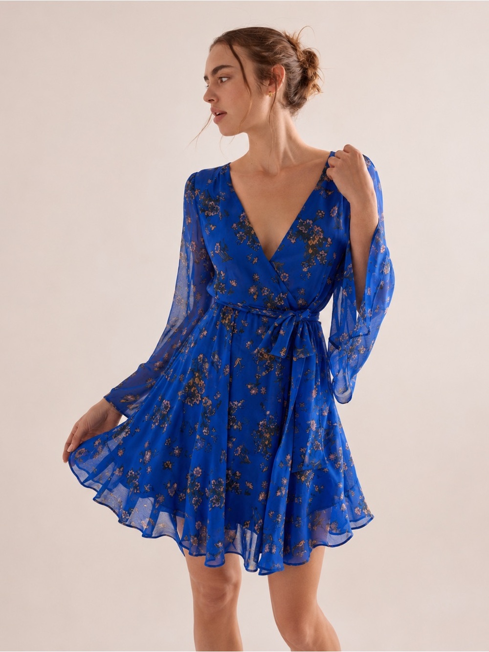 Free People Royal Blue Floral Kimono Sheer Sleeve Dress